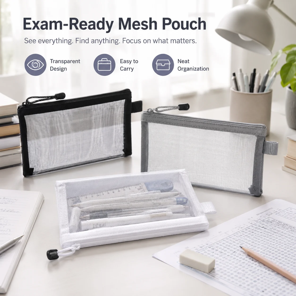 Clear Mesh Pencil Pouch For Exam - Bolsa transparente de malla para bolígrafos,