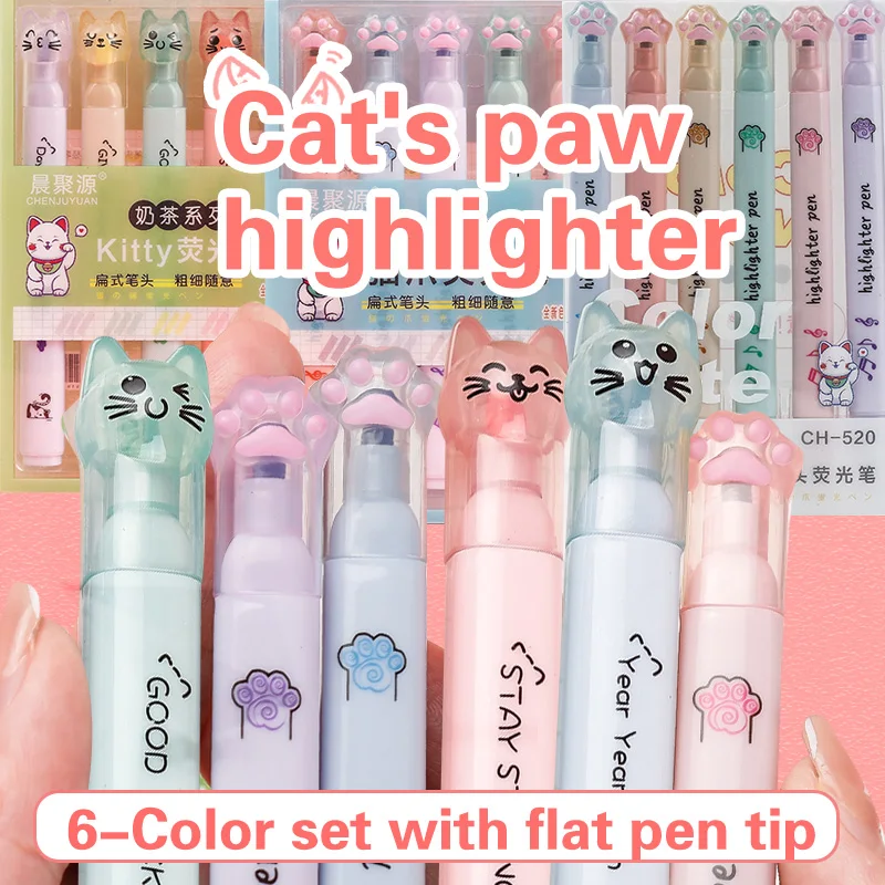 6 unids/pack Kawaii gato garra - Pastel Highlighter Set Double Ended reseña y precio